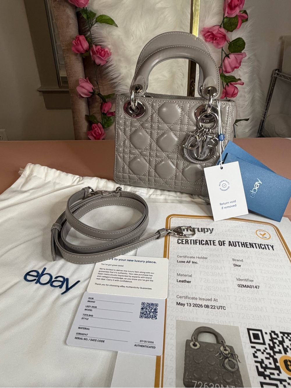 Dior Grey Mini Lady Dior Quilted Leather Bag with Silver Hardware